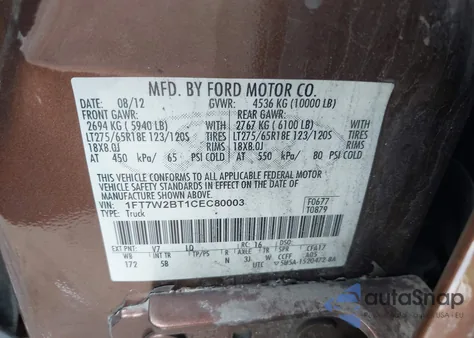 2012 Ford F-250 Lariat из США, поврежденный, VIN 1FT7W2BT1CEC80003